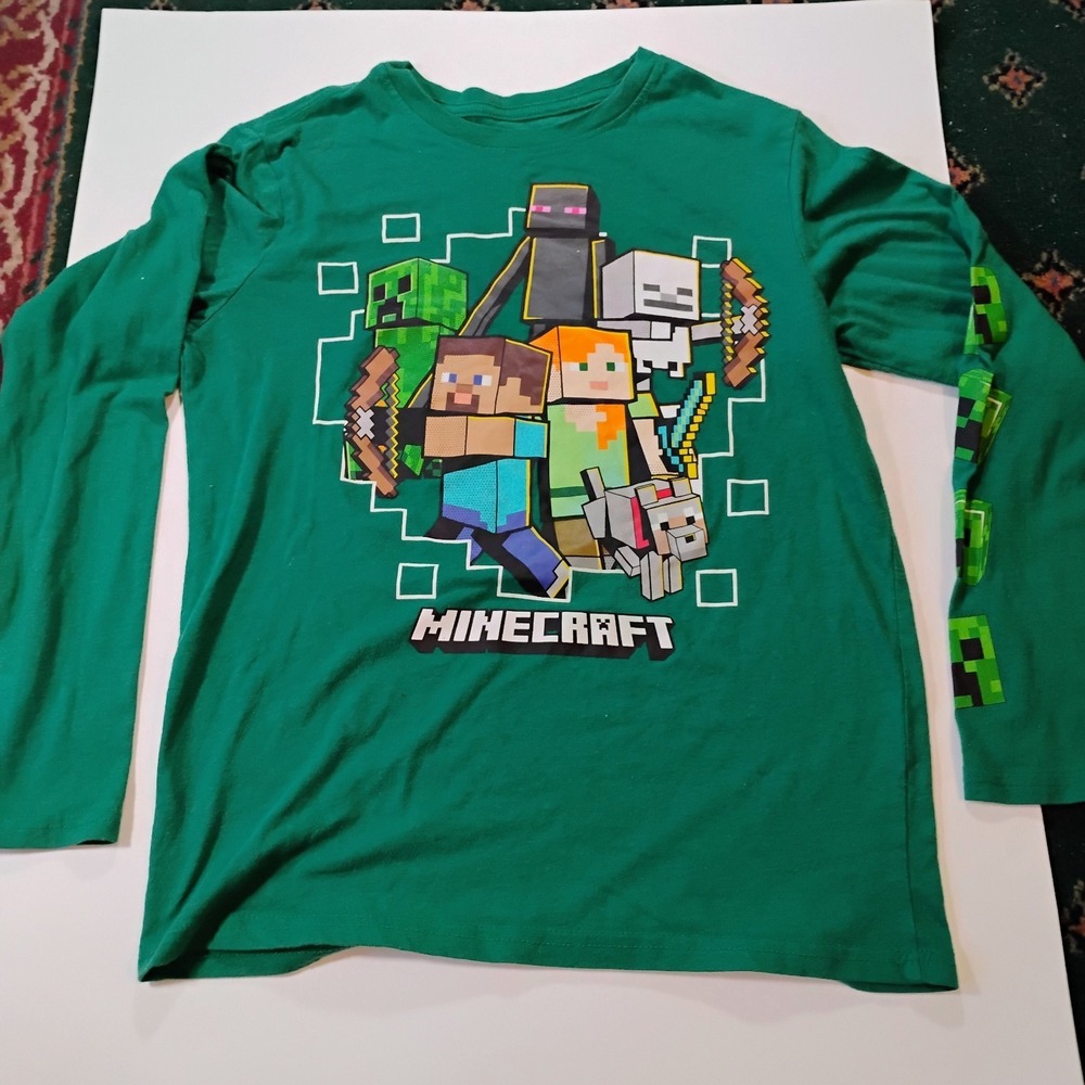 Minecraft Boy's Youth Official Mojang Cotton/Polyester Long Sleeve Shirt Green